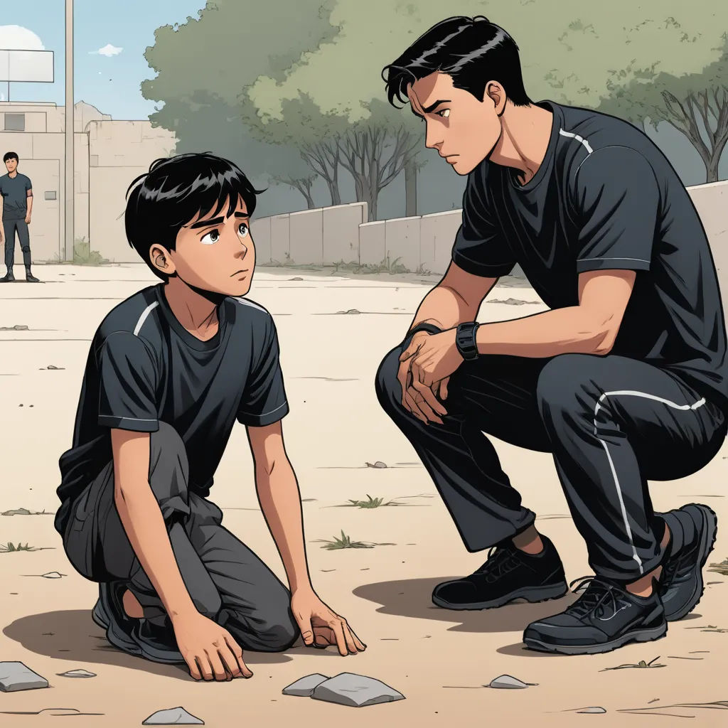 a man kneeling down next to a boy on a field with a baseball bat in his hand and a ball in his hand, serial art, a comic book panel, Asaf Hanuka, graphic novel