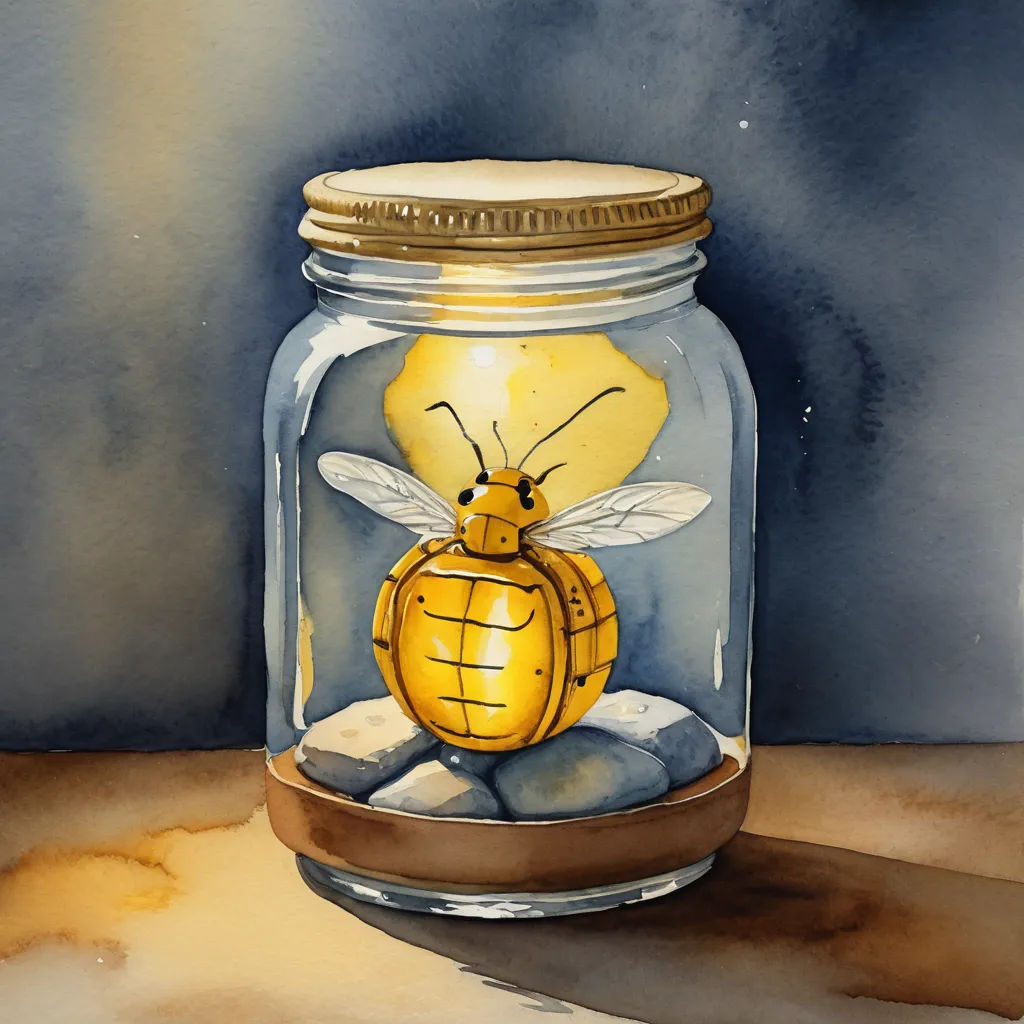 a painting of a jar with a bee inside of it on a table top with a blue background and a yellow bee on top, ecological art, a watercolor painting, David Firth, fireflies