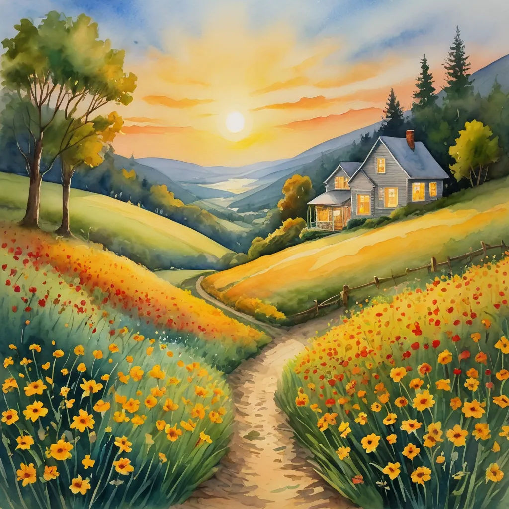 a painting of a house in a field with flowers and a path leading to it with a sunset in the background, american scene painting, a fine art painting, Carol Sutton, beautiful landscape