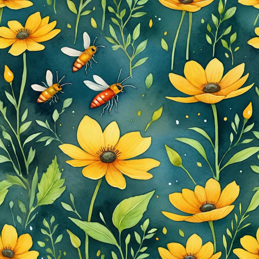 a painting of bees and sunflowers on a blue background with green leaves and flowers and a bee flying over them, naturalism, a storybook illustration, Annabel Kidston, fireflies