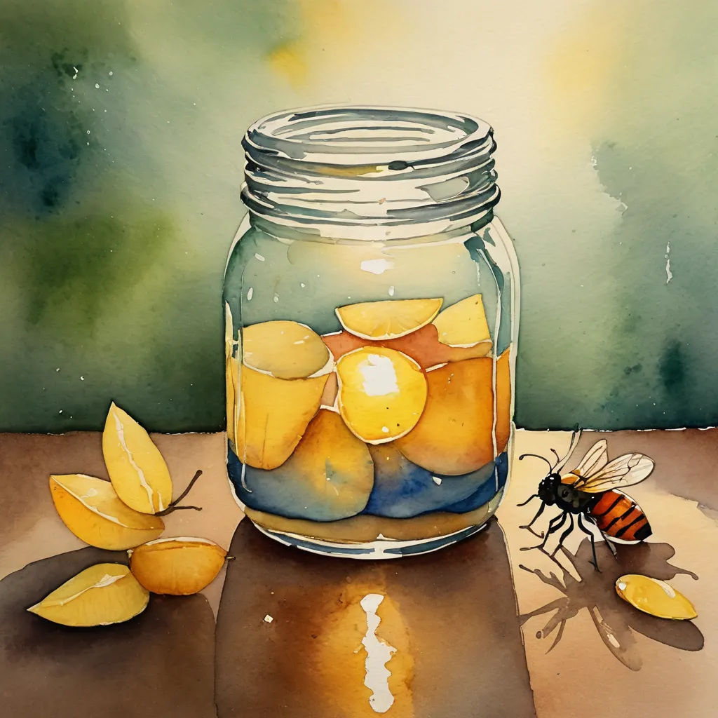 a painting of a jar of lemons and a bee on a table with a green background and a watercolor painting of a bee, modern european ink painting, a watercolor painting, Claire Hummel, fireflies