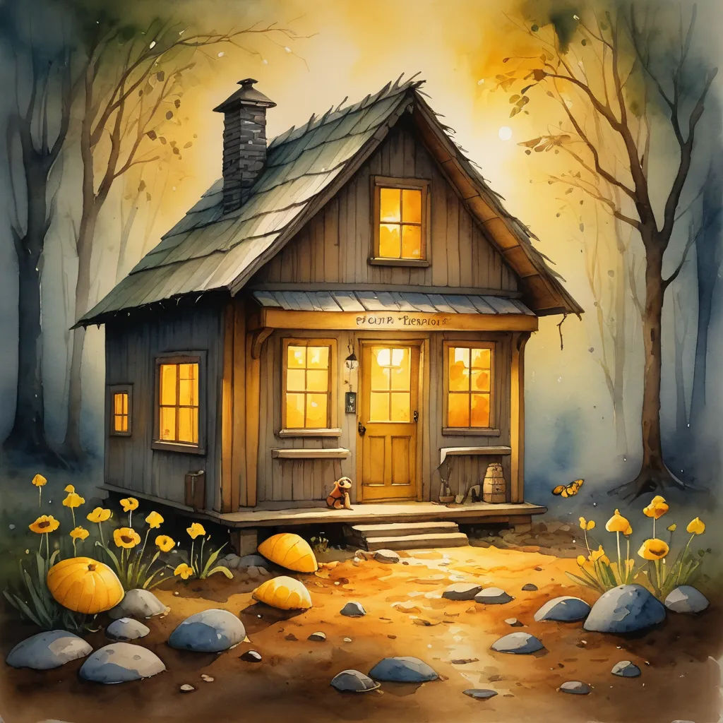 a painting of a small cabin in the woods with a dog sitting outside the door and a cat sitting outside the door, fantasy art, a storybook illustration, Alexander Jansson, storybook illustration