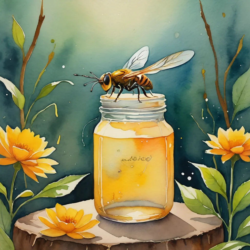 a painting of a bee on a jar of honey on a stump with flowers around it and a blue sky background, fantasy art, a watercolor painting, Claire Hummel, trending on art station