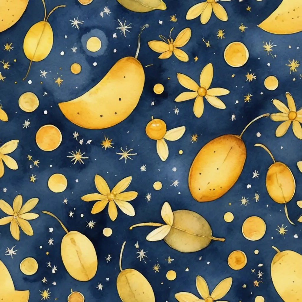 a painting of a blue background with yellow flowers and stars on it and a moon and stars on the bottom, art nouveau, a storybook illustration, Annabel Kidston, yellow