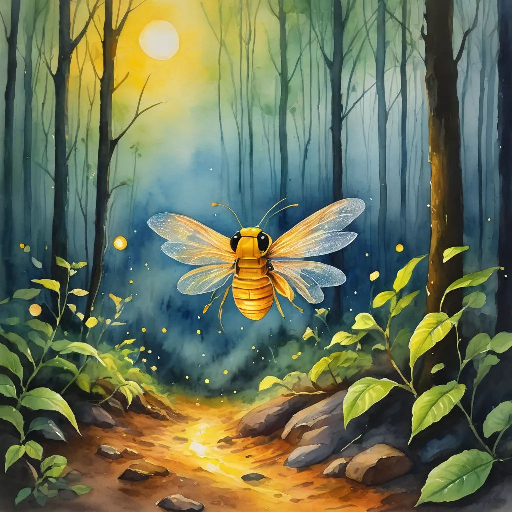 a painting of a bee flying over a forest path with fireflies in the air and a bright yellow light shining on the ground, fantasy art, an airbrush painting, Daphne McClure, fireflies