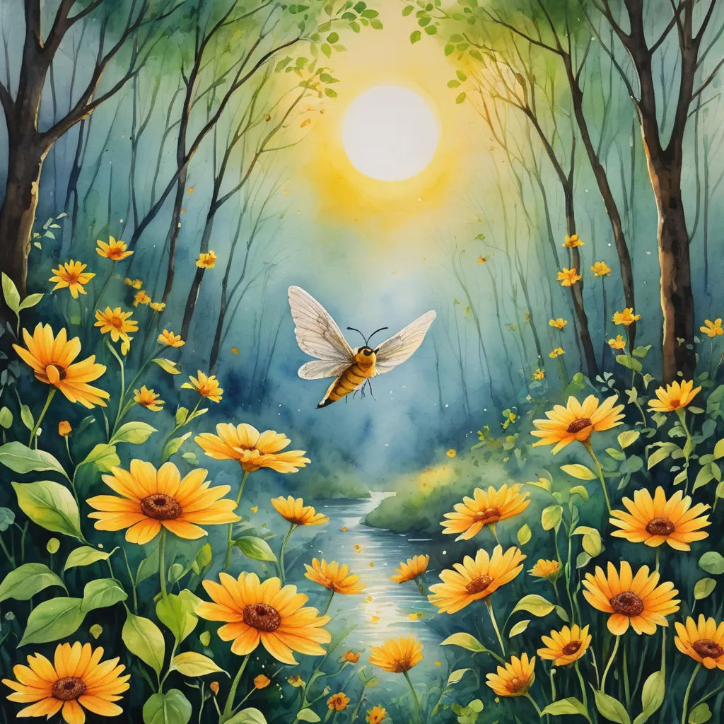 a painting of a bee flying over a sunflower field with a stream in the middle of the picture, fantasy art, an airbrush painting, Anne Stokes, whimsical