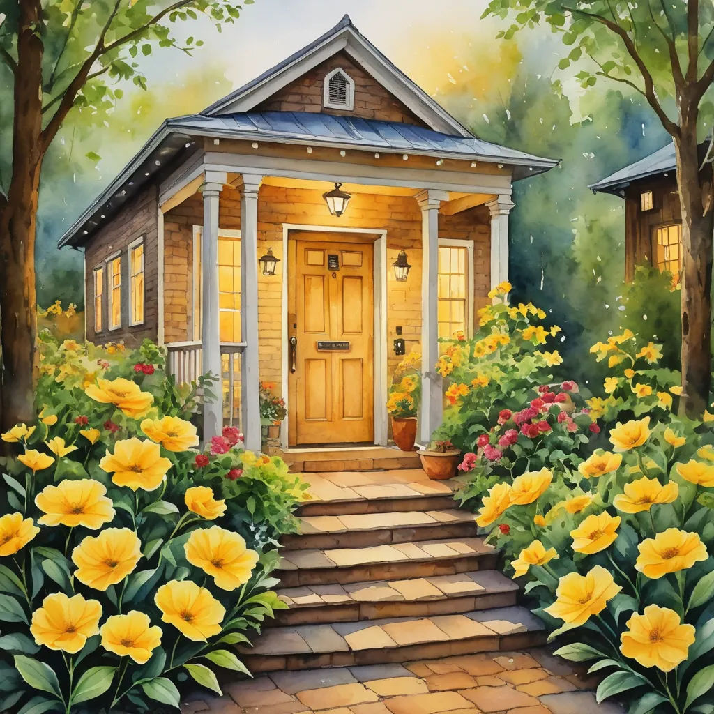 a painting of a small house with flowers in front of it and a porch with a door and steps leading to it, american scene painting, a detailed painting, Carol Sutton, detailed painting