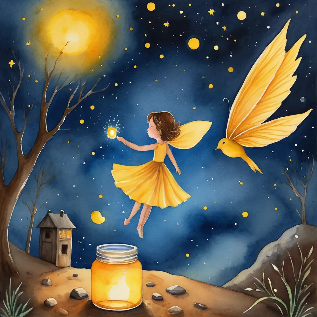 a painting of a girl in a yellow dress holding a jar of honey and a fairy flying above a tree, fantasy art, a storybook illustration, Daphne McClure, fireflies