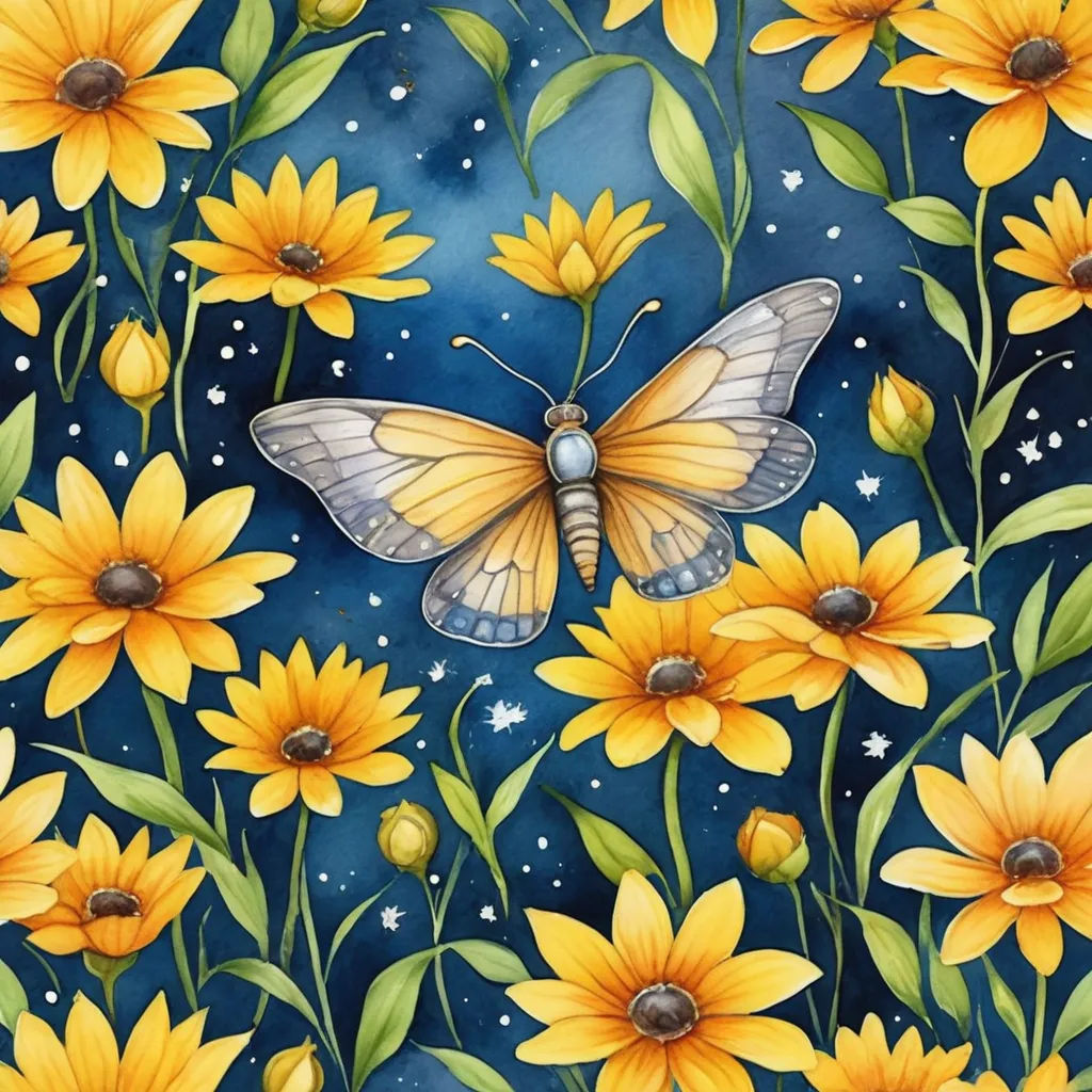 a painting of a butterfly on a sunflower field with stars and a moon in the background with a blue sky, psychedelic art, a storybook illustration, Amanda Sage, whimsical