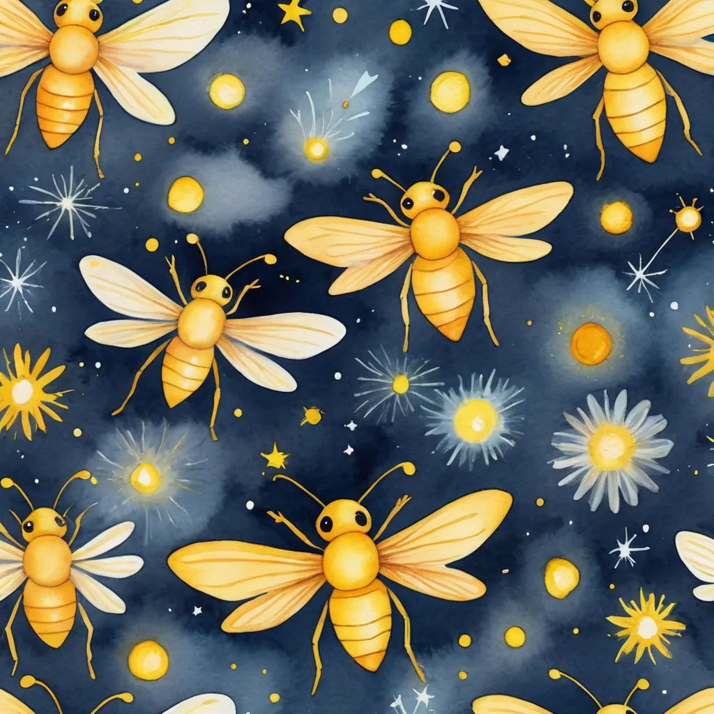 a painting of bees and stars on a blue background with stars and clouds in the background, and a yellow and white bee on the right side, space art, a storybook illustration, Annabel Kidston, fireflies