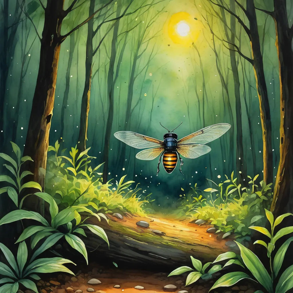 a painting of a bee flying over a forest with a trail leading to it and a bright sun shining through the trees, fantasy art, a storybook illustration, David Martin, storybook illustration