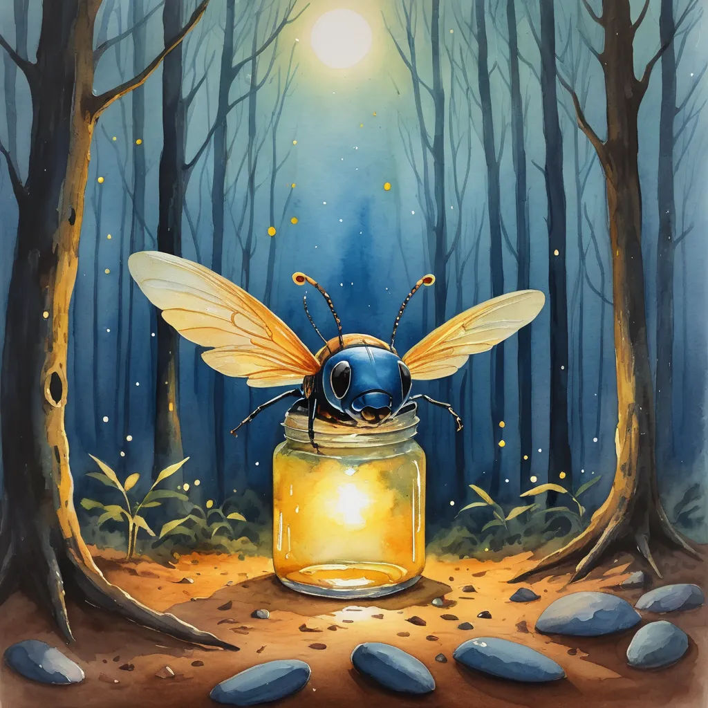 a painting of a bee sitting in a jar in a forest with rocks and trees around it, with a bright light shining on the jar, fantasy art, an airbrush painting, Aaron Jasinski, fireflies