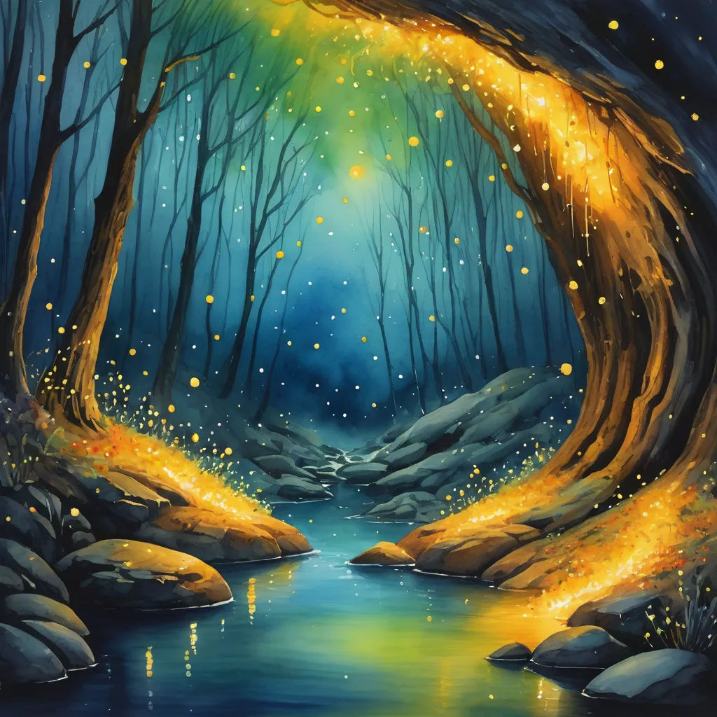 a painting of a stream in a forest with fireflies flying around it and a firefly coming out of the water, fantasy art, an airbrush painting, Anato Finnstark, magical atmosphere