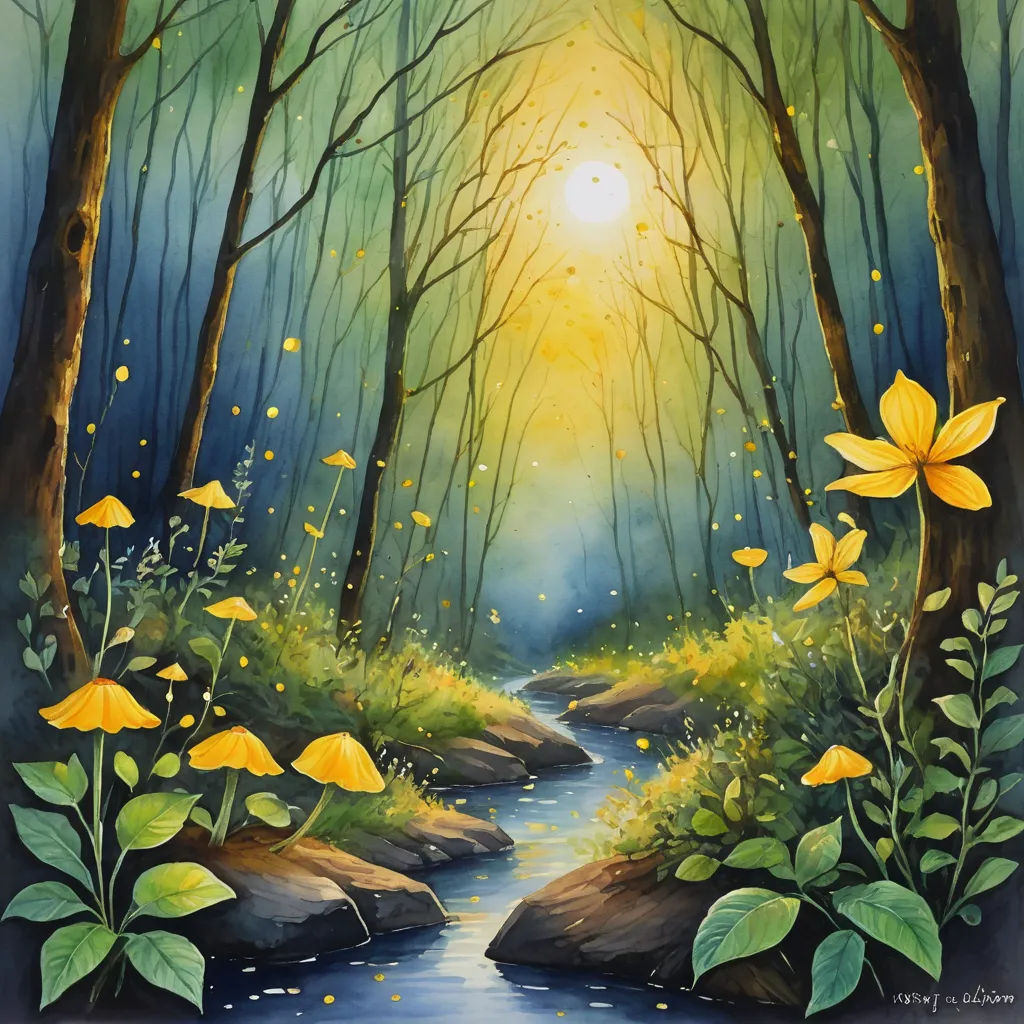 a painting of a stream in a forest with yellow flowers and leaves on the ground and a sun shining through the trees, fantasy art, an airbrush painting, Carol Sutton, fantasy artwork