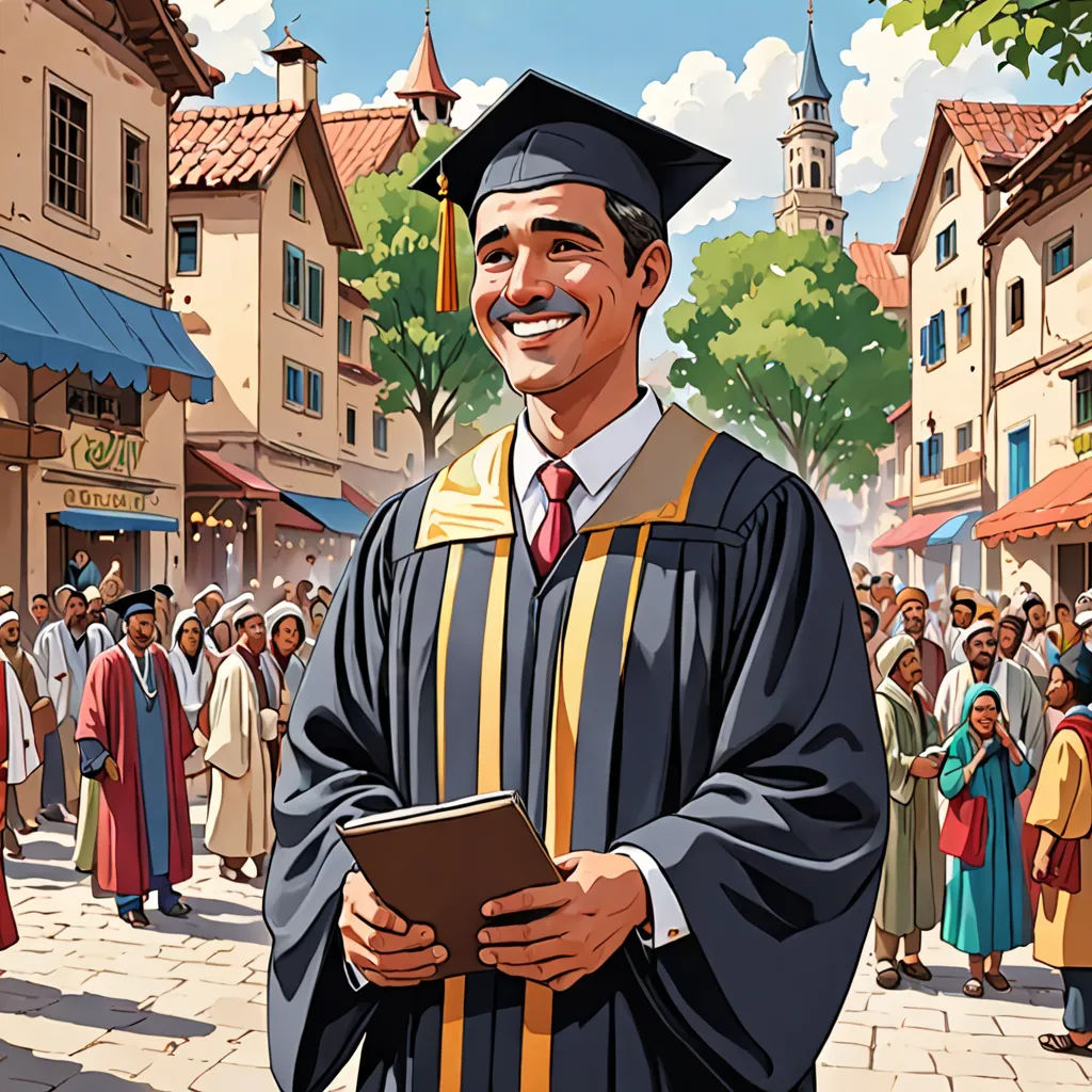 a man in a graduation gown holding a book in front of a crowd of people in a town square, american scene painting, a storybook illustration, Brothers Hildebrandt, high detail illustration