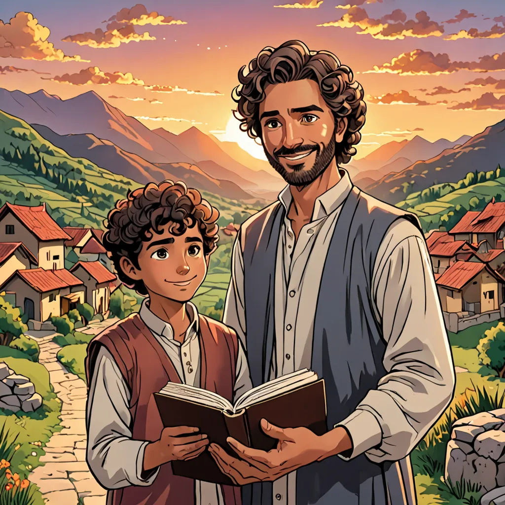 a man and a boy standing in front of a mountain village with a book in their hands and a sunset in the background, private press, a storybook illustration, Brothers Hildebrandt, comic cover art