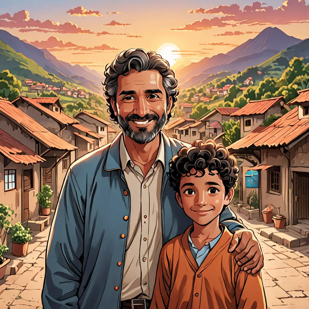 a man and a boy standing in front of a village with mountains in the background and a sunset in the sky, regionalism, a comic book panel, Emiliano Ponzi, official art