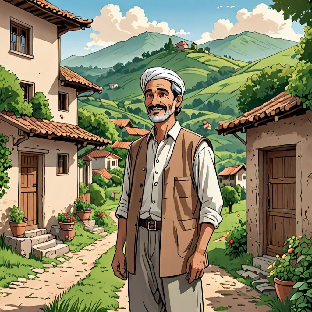 a man standing in front of a village with a mountain in the background and a house with a door, socialist realism, a character portrait, Fikret Muallâ Saygı, official art