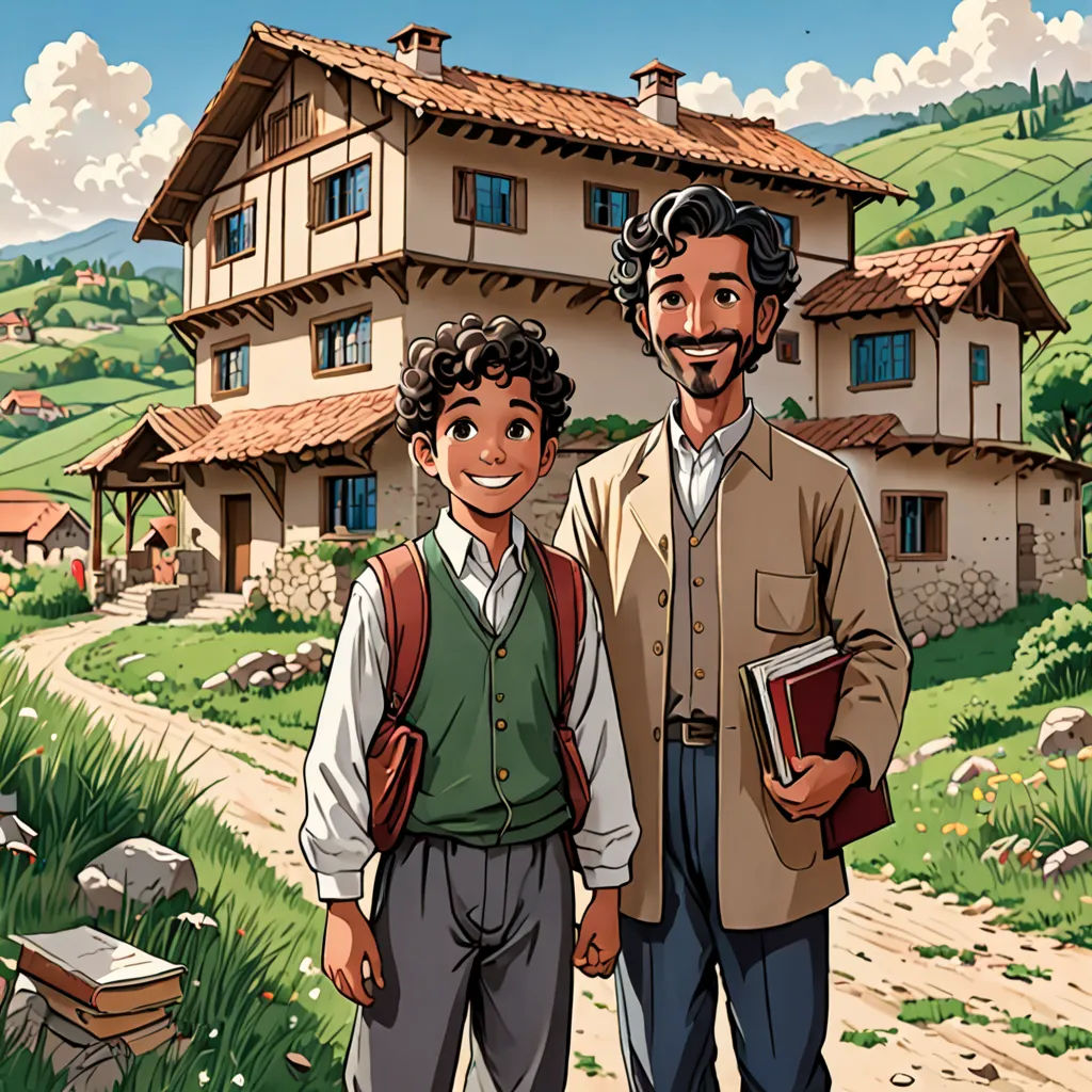 a man and a boy standing in front of a house with a book in their hands and a book in his hand, magical realism, a storybook illustration, Brothers Hildebrandt, official art