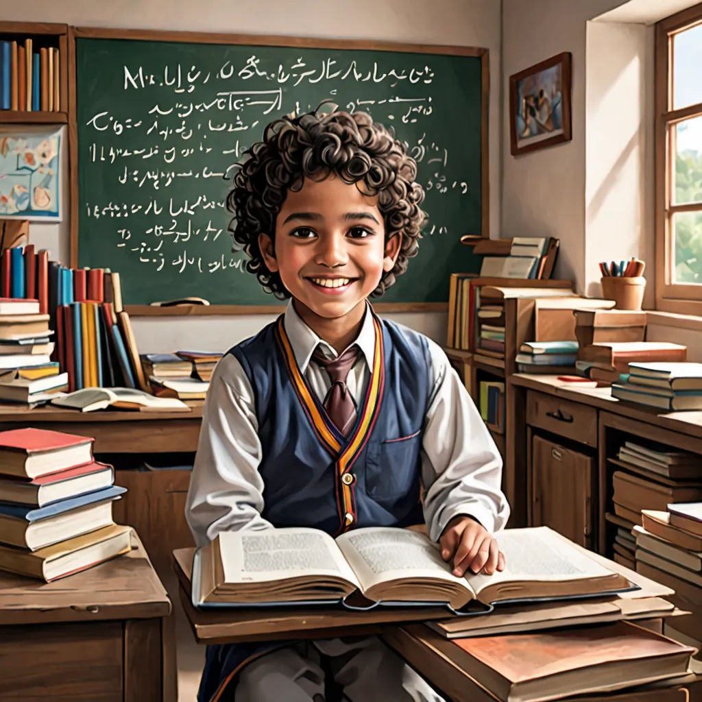 a boy sitting at a desk with a book in front of him and a chalkboard in the background, danube school, a detailed painting, Bob Byerley, highly detailed digital painting