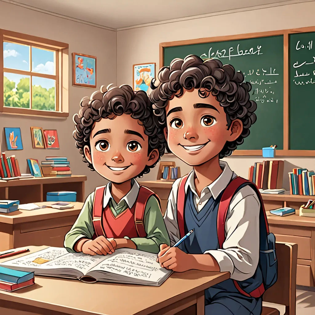 a boy and a girl are sitting at a desk in a classroom with books and a book bag on it, serial art, a storybook illustration, Fathi Hassan, official art