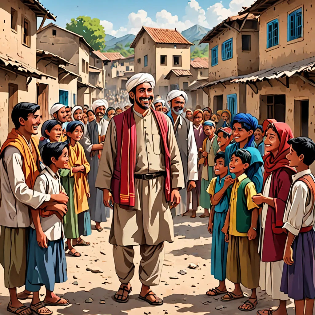 a painting of a man standing in front of a group of people in a village with a crowd of people, hurufiyya, a storybook illustration, Amir Zand, graphic novel