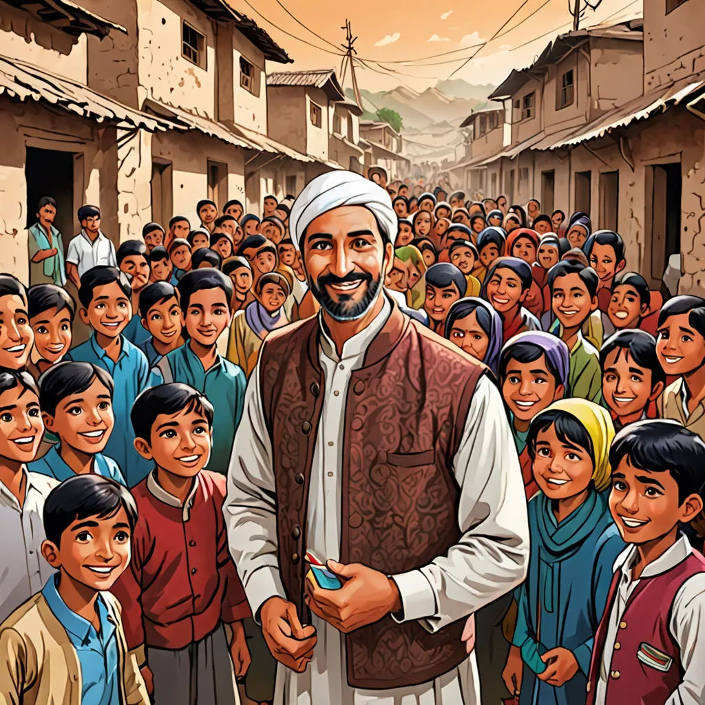 a man standing in front of a crowd of people in a village with a man in a white turban, hurufiyya, a storybook illustration, Amir Zand, comic cover art