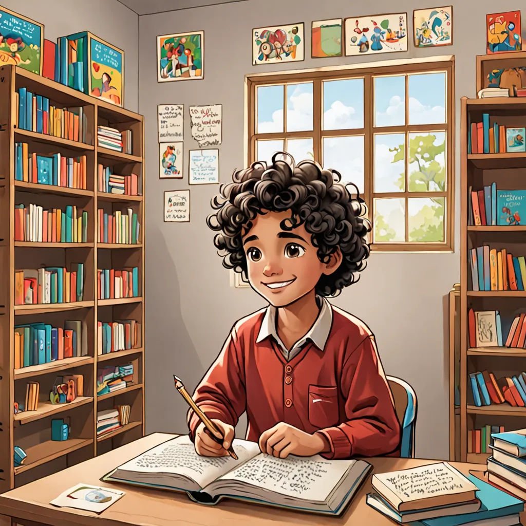 a young boy is sitting at a desk with a book and a pen in his hand and a bookcase full of books behind him, academic art, a storybook illustration, Diego Gisbert Llorens, storybook illustration
