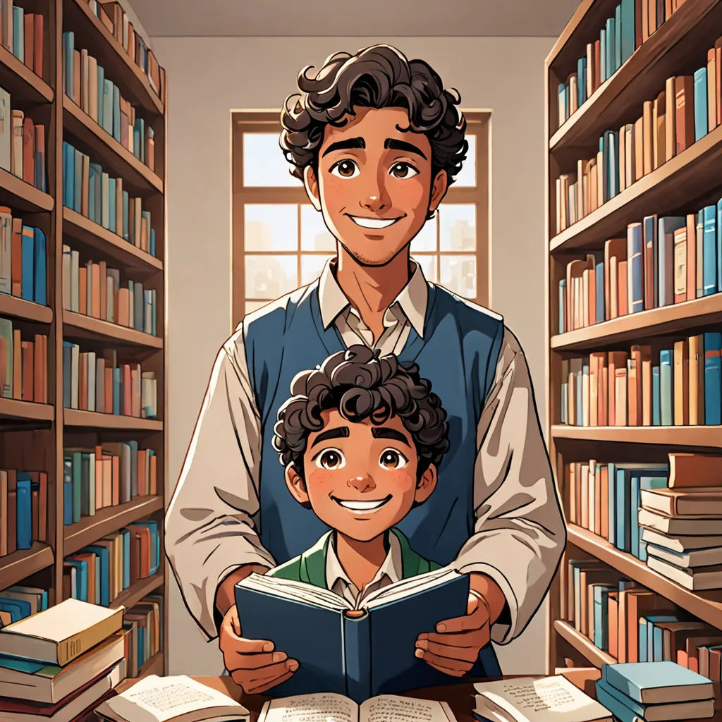 a man and a boy are reading a book in a library with bookshelves full of books and a window, academic art, a storybook illustration, Diego Gisbert Llorens, official art