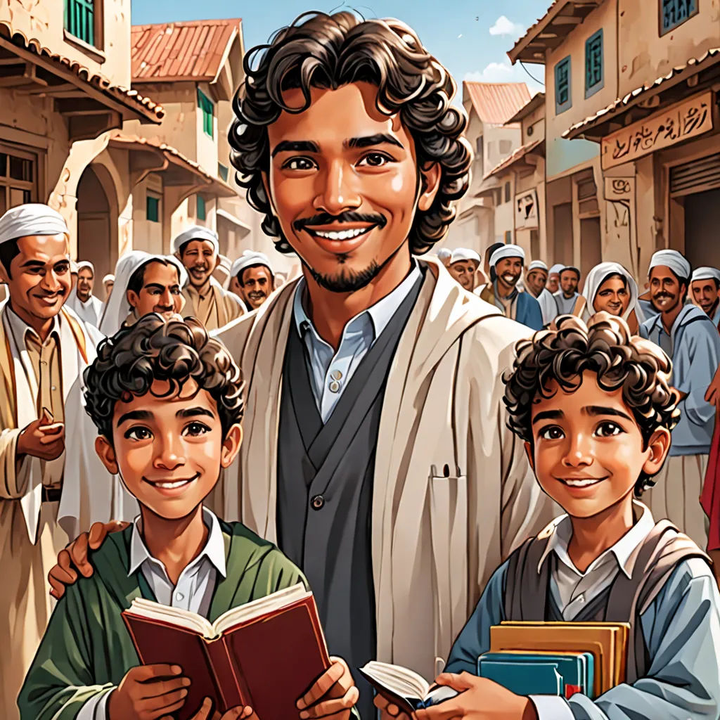 a man standing next to two boys holding a book in front of a crowd of people in a village, hurufiyya, a storybook illustration, Ahmed Karahisari, official art
