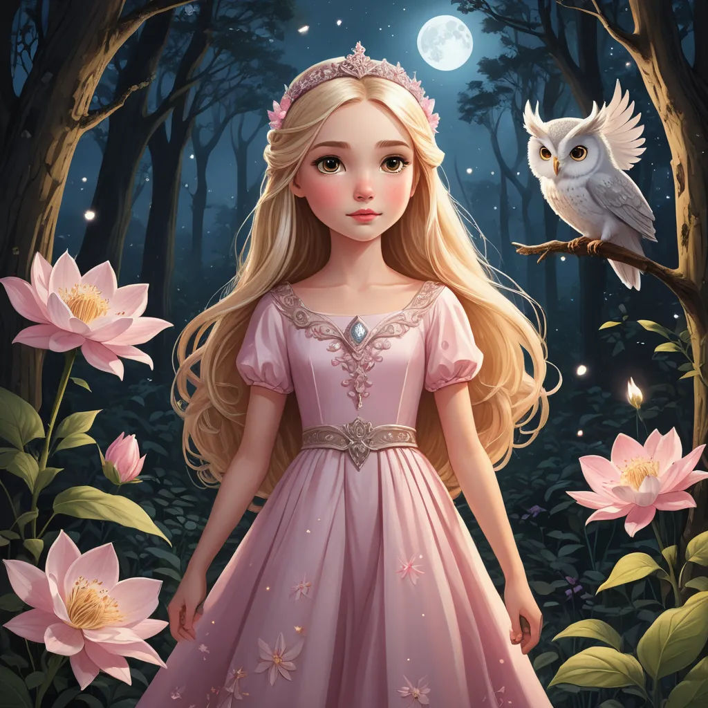 a girl in a pink dress standing in a forest with an owl on her shoulder and a pink dress on her shoulder, fantasy art, a storybook illustration, Alice Prin, rossdraws global illumination