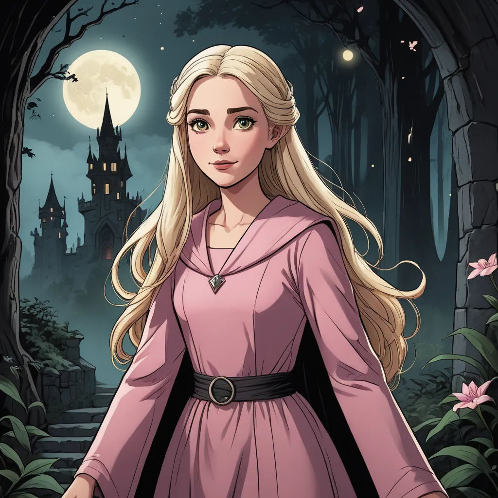 a cartoon of a blonde haired girl in a pink dress in a dark forest with a castle in the background, fantasy art, a character portrait, Charlie Bowater, official art