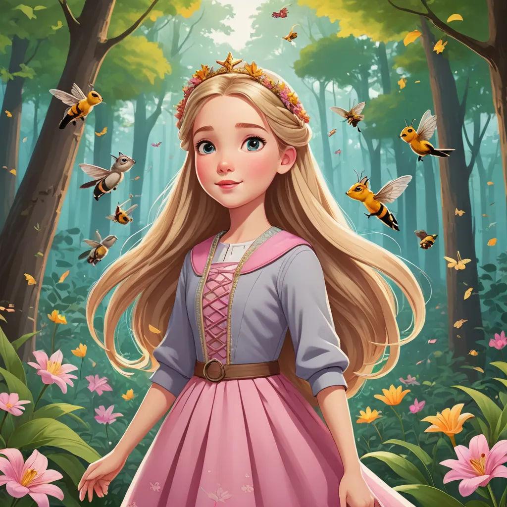 a girl in a pink dress standing in a forest with bees flying around her and a forest scene behind her, fantasy art, a character portrait, Anne Said, kinkade