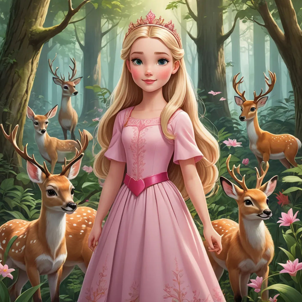 a girl in a pink dress standing in a forest with deers behind her and a pink crown on her head, fantasy art, a storybook illustration, disney, official art