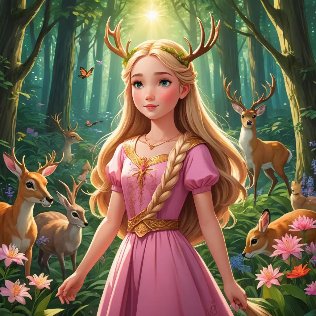 a girl in a pink dress standing in a forest with deers and flowers on the ground and a sun shining through the trees, fantasy art, a storybook illustration, disney, official art