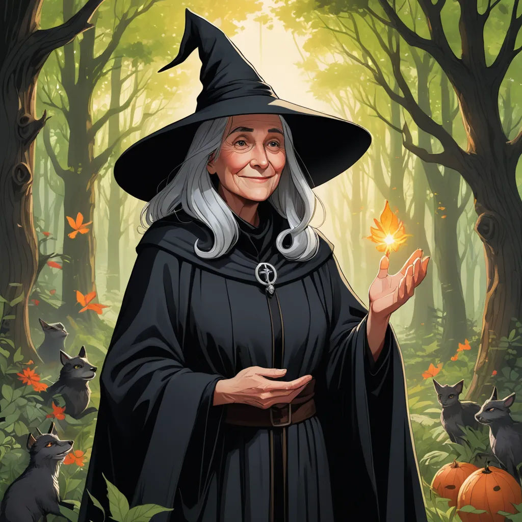 a wizard holding a glowing leaf in a forest with other animals around her and a forest scene behind her, fantasy art, a character portrait, Anne Stokes, official art
