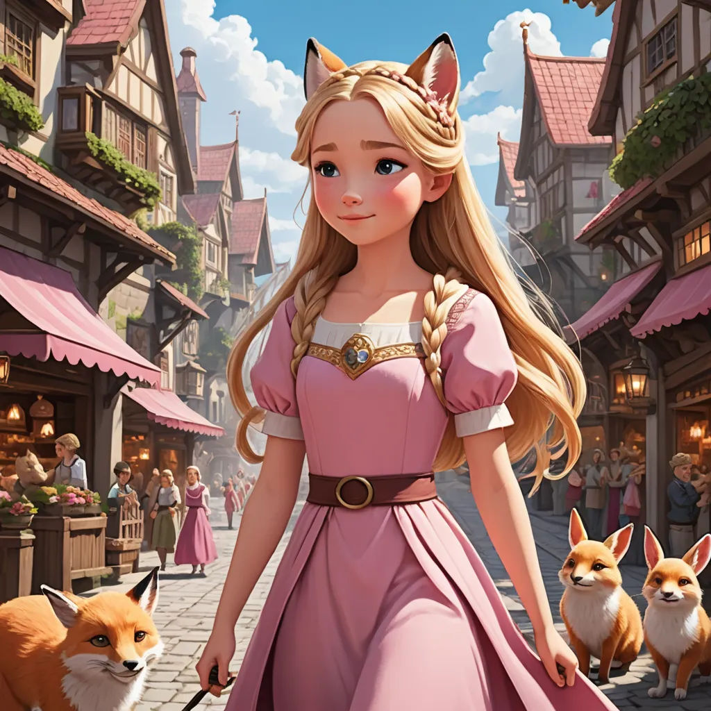 a girl in a pink dress is walking a dog and a fox is walking behind her on a city street, furry art, a storybook illustration, disney, official art