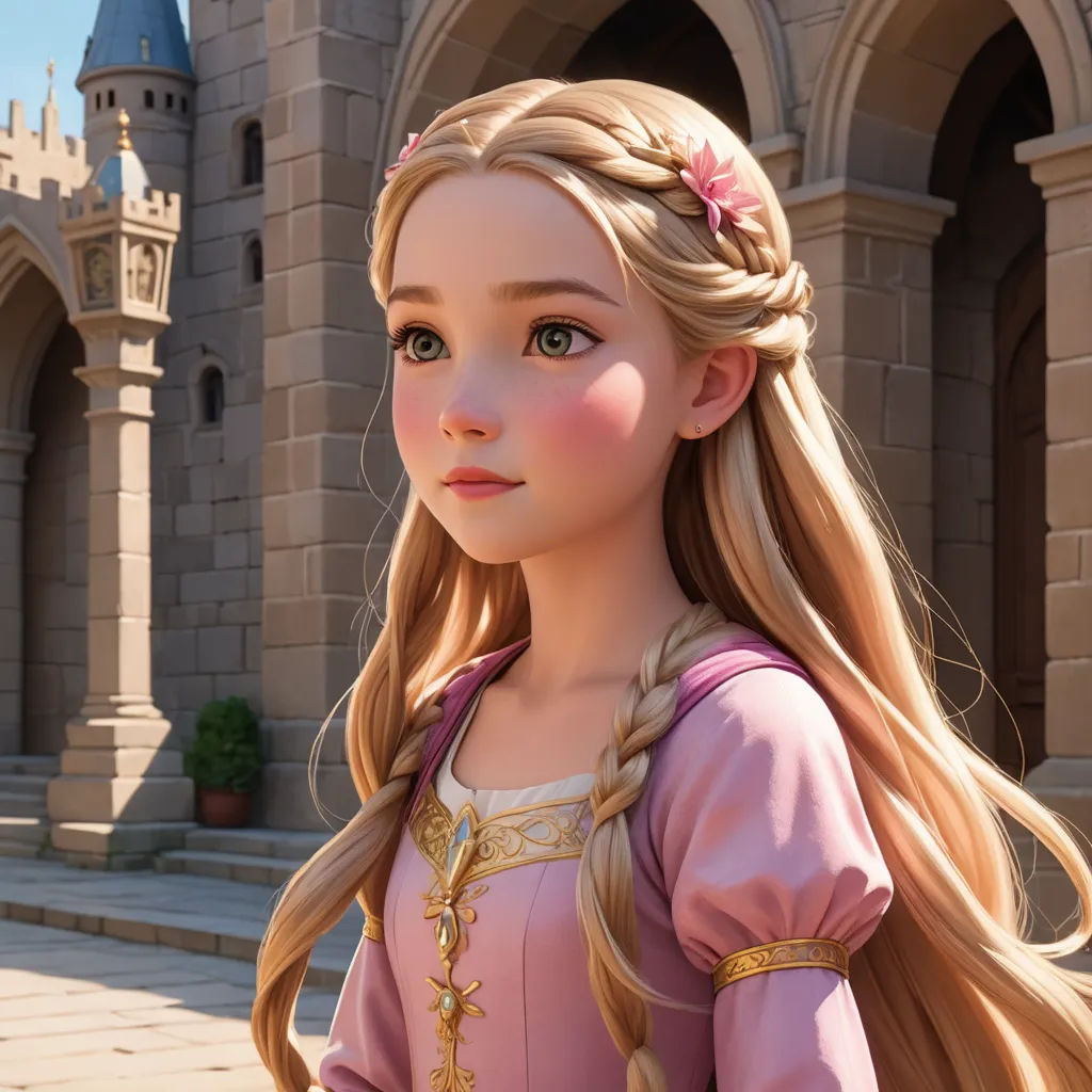 a cartoon girl with long blonde hair and a pink dress in front of a castle with a pink flower in her hair, photorealism, a detailed matte painting, disney, rossdraws global illumination