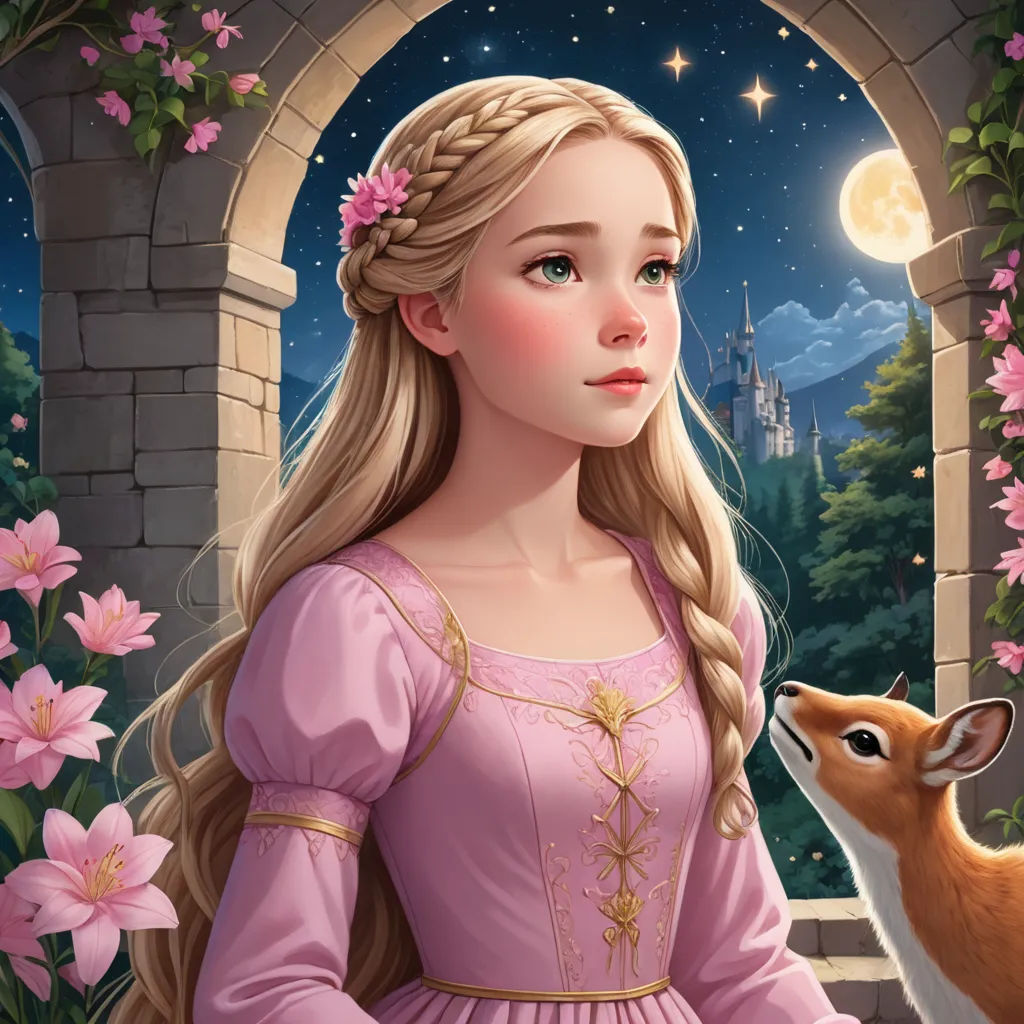 a painting of a girl in a pink dress with a deer in front of a castle window with a moon and stars, fantasy art, a storybook illustration, disney, kinkade