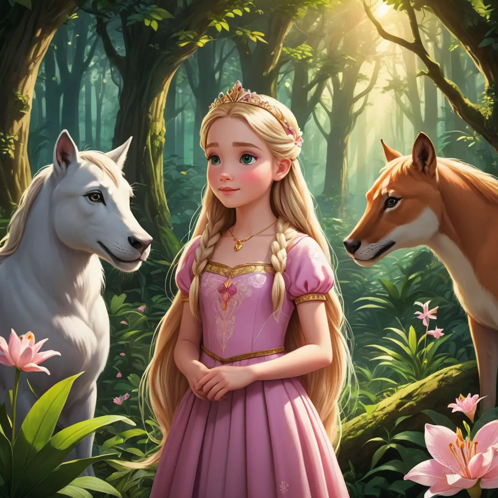 a girl in a pink dress standing next to two white horses in a forest with pink flowers and trees, furry art, a storybook illustration, disney, official art
