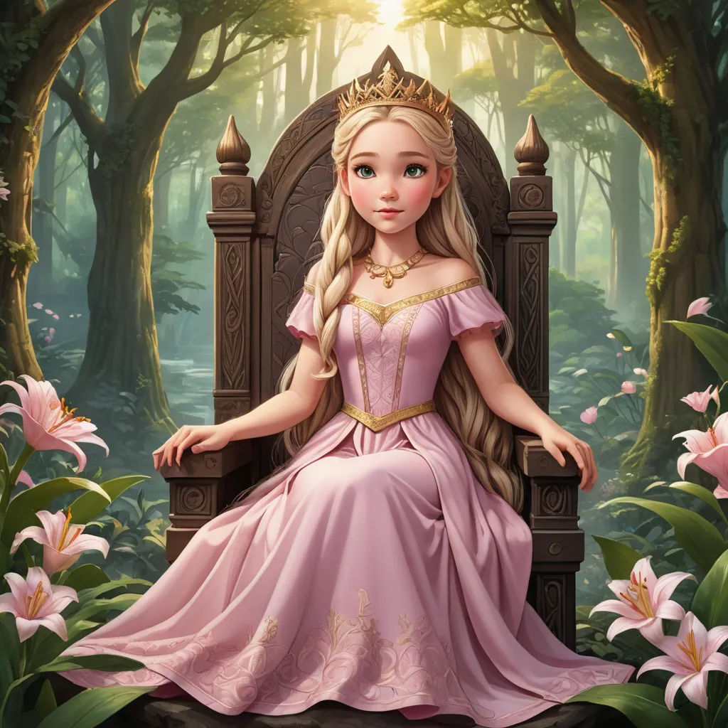 a princess sitting on a throne in a forest with flowers and trees around her, wearing a pink dress, fantasy art, a storybook illustration, Alice Prin, rossdraws global illumination