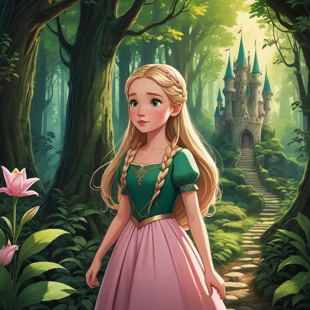 a young girl in a pink dress standing in a forest with a castle in the background and a pink flower in the foreground, fantasy art, a storybook illustration, disney, rossdraws global illumination