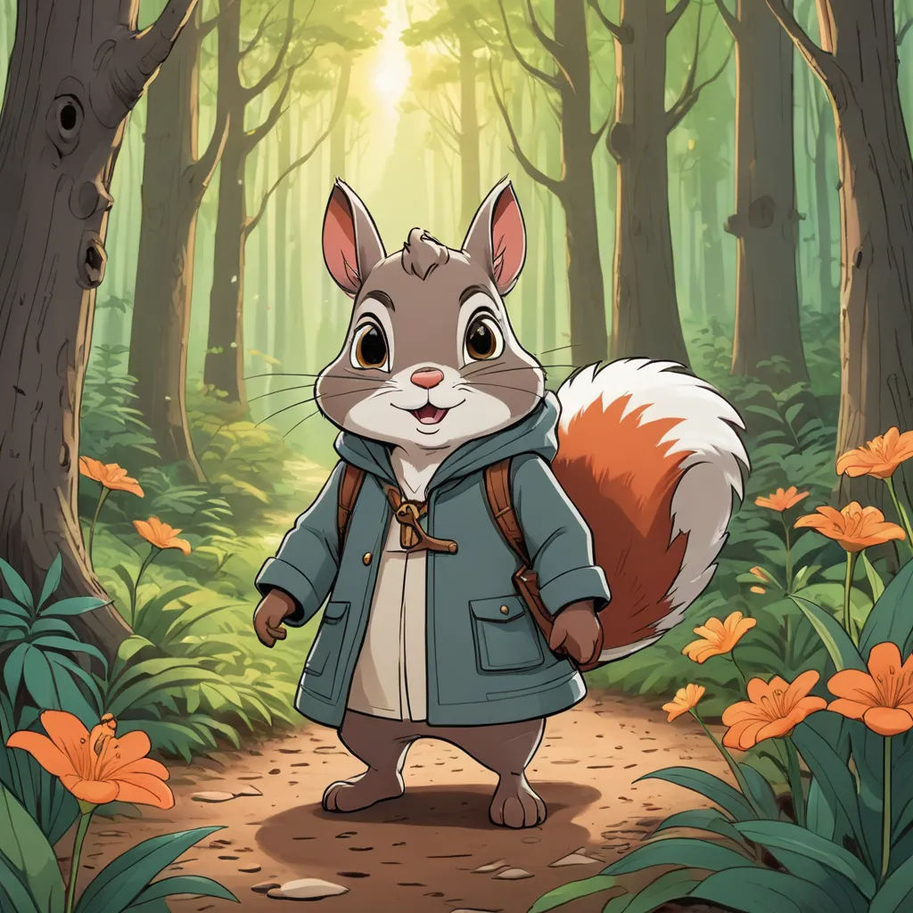 a cartoon squirrel in a forest with flowers and trees in the background, with a sunbeam in the background, furry art, a character portrait, Chris LaBrooy, official art