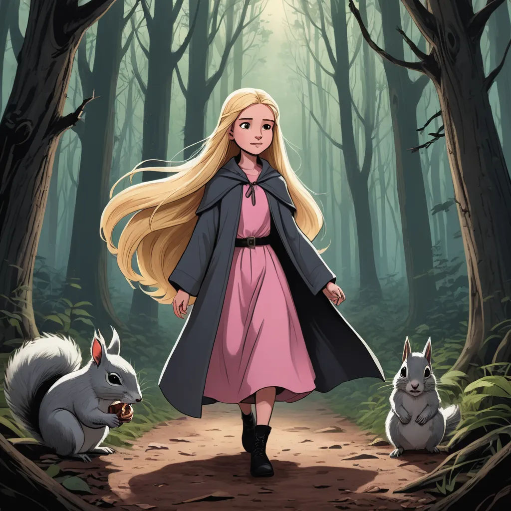 a girl in a pink dress and coat walking through a forest with two animals on the ground and a squirrel on the ground, magical realism, a storybook illustration, Clarice Beckett, official art