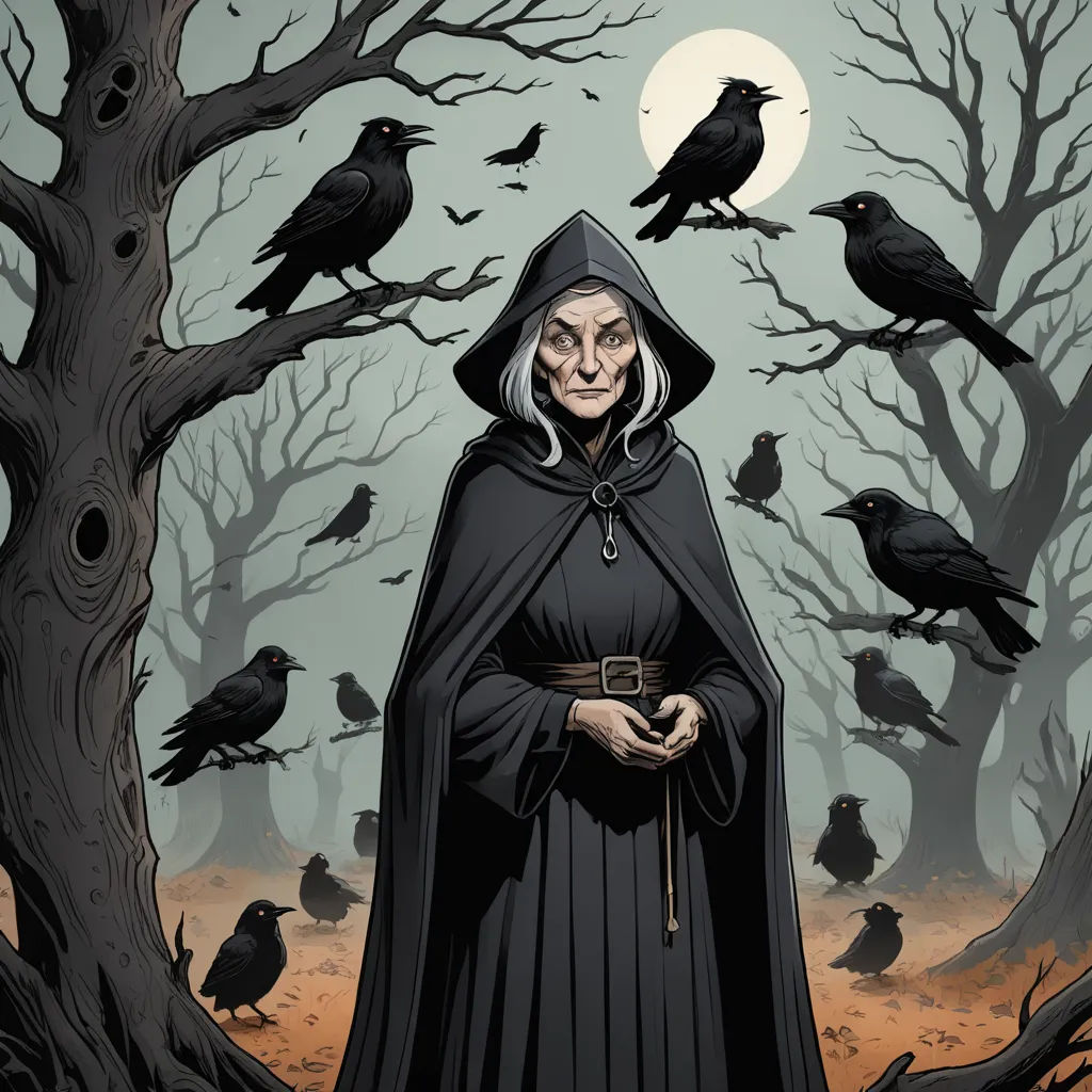 a woman in a black cloak standing in front of a tree with crows flying around her and a full moon in the background, gothic art, a storybook illustration, Eileen Aldridge, epic fantasy character art
