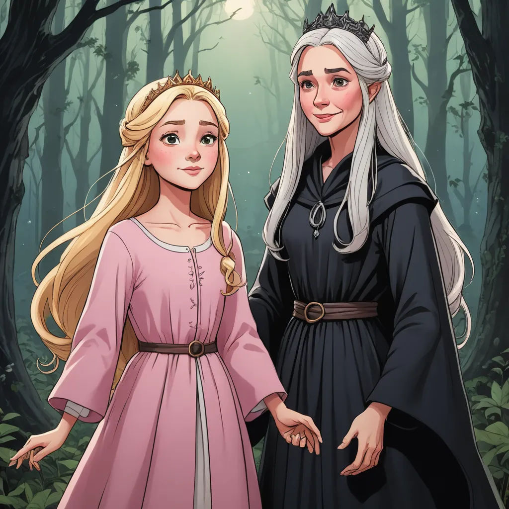 a couple of women standing next to each other in a forest with trees and leaves behind them, one of them is wearing a pink dress, sots art, a storybook illustration, Ada Gladys Killins, official art