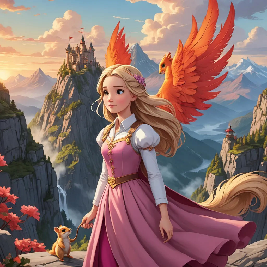 a girl in a pink dress standing on a cliff with a bird flying over her head and a castle in the background, fantasy art, a storybook illustration, Cliff Childs, official art