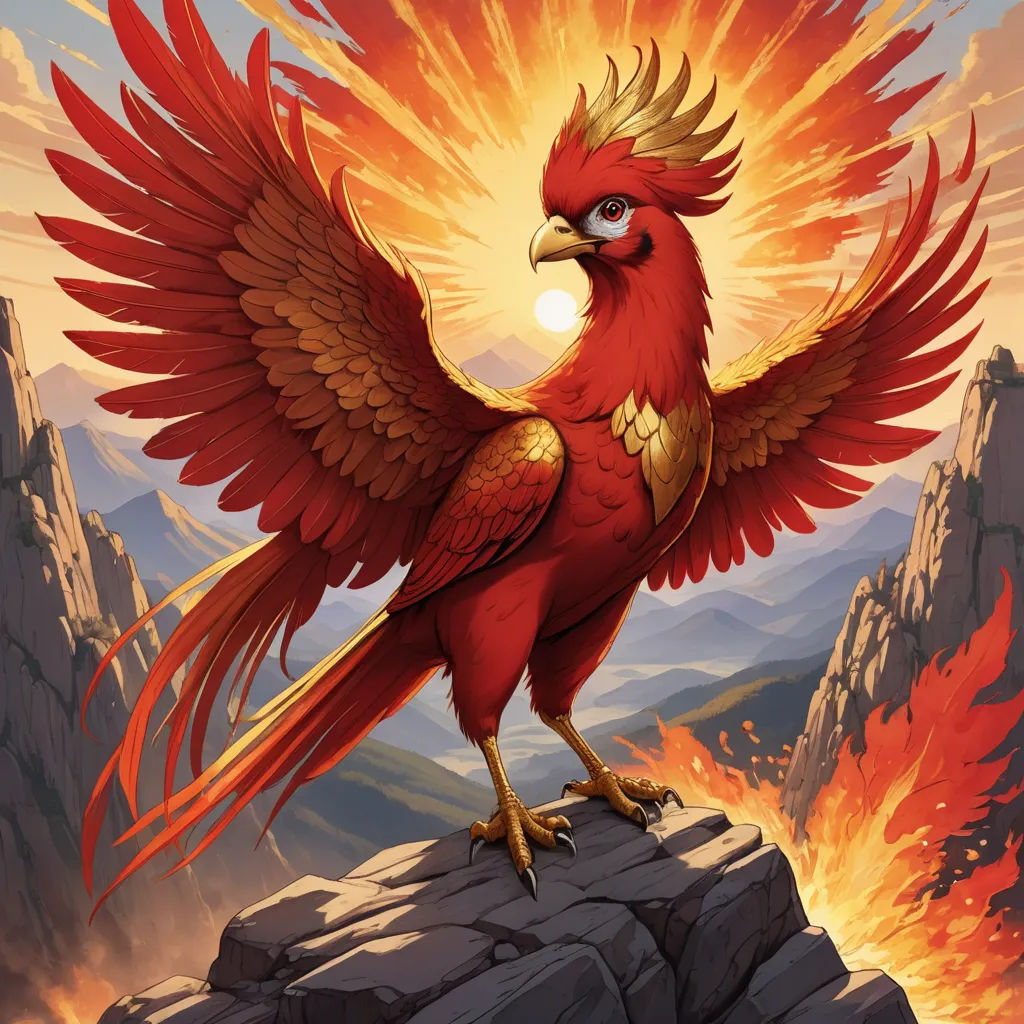 a red bird with a golden crown on its wings standing on a rock with a mountain in the background, fantasy art, poster art, Chris LaBrooy, red