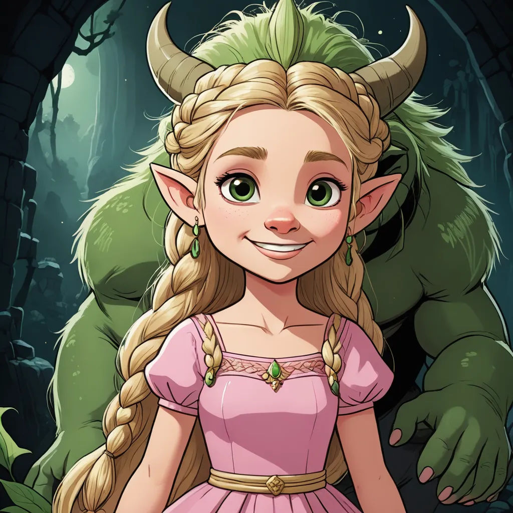 a cartoon character with a long blonde hair and a green monster behind her, and a pink dress with a green tail, fantasy art, a storybook illustration, Cliff Childs, official art