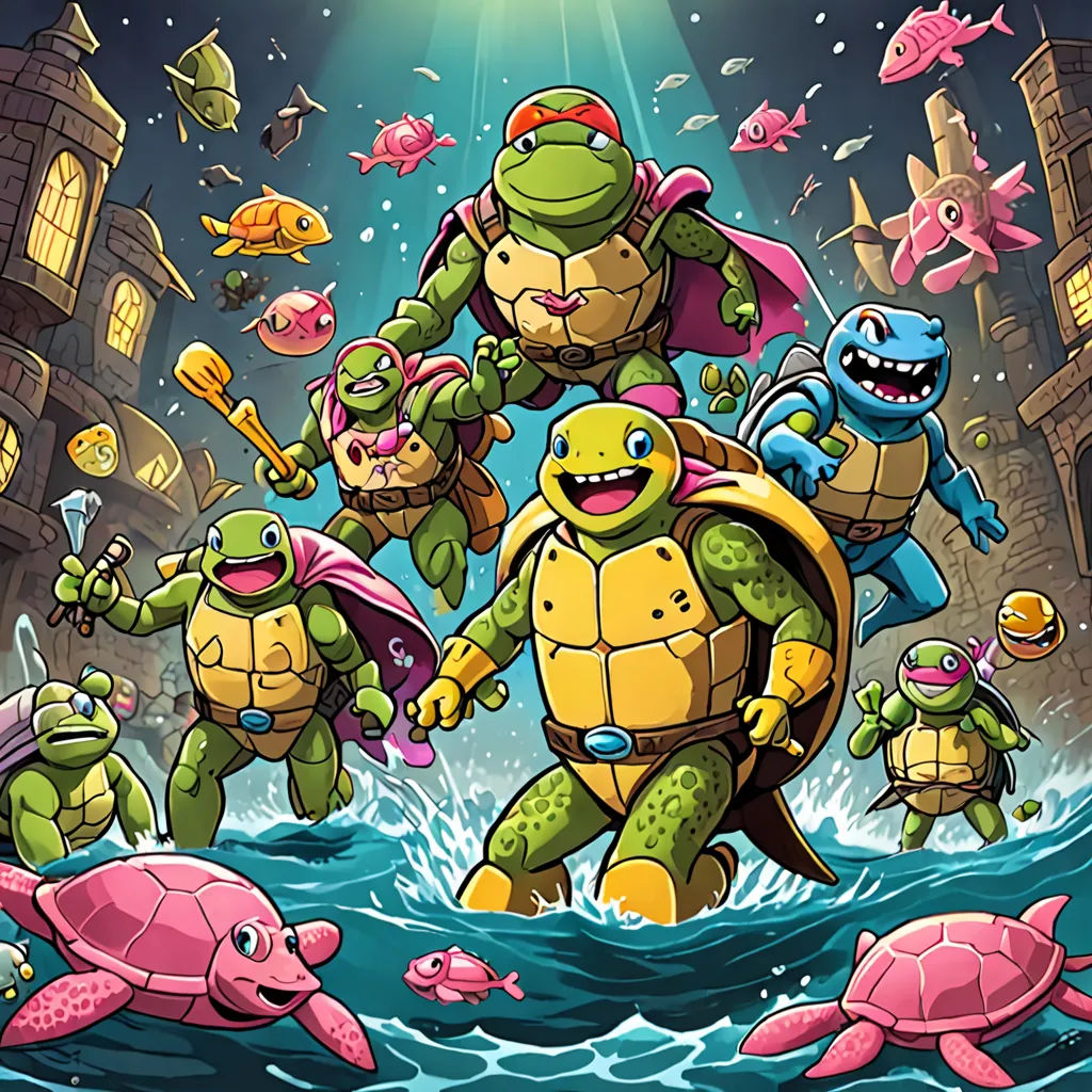 a group of turtles in the water with a man in a red shirt and a woman in a pink shirt, sots art, a storybook illustration, Dan Mumford, josan gonzales and dan mumford